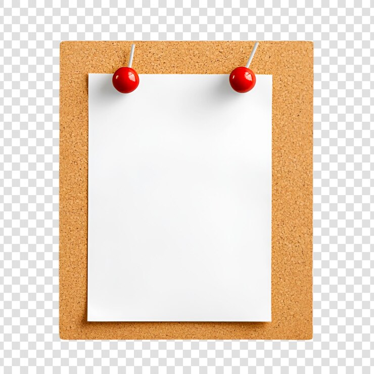 PSD eine leere notiz, die mit einem roten schraubenstift auf einem durchsichtigen hintergrund an der korktafel befestigt ist