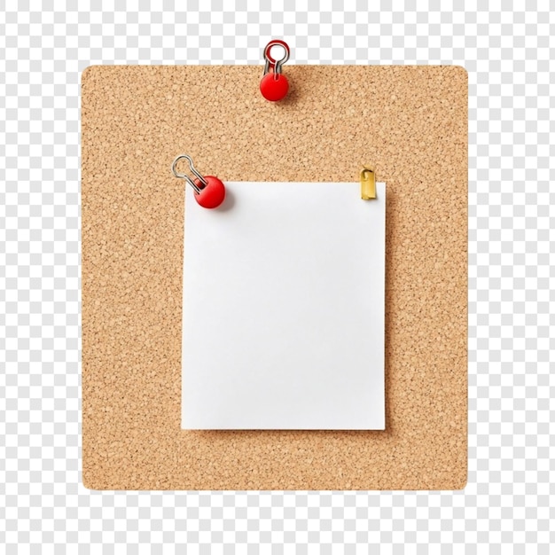Eine leere Notiz, die mit roten Klammern und Bindeklammern auf eine Korktafel befestigt ist, bereit für eine Nachricht oder eine Erinnerung