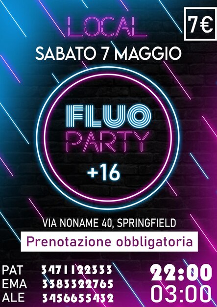 PSD eine leuchtreklame mit der aufschrift „fluo 7 maggiore“ und blauem neonlicht.