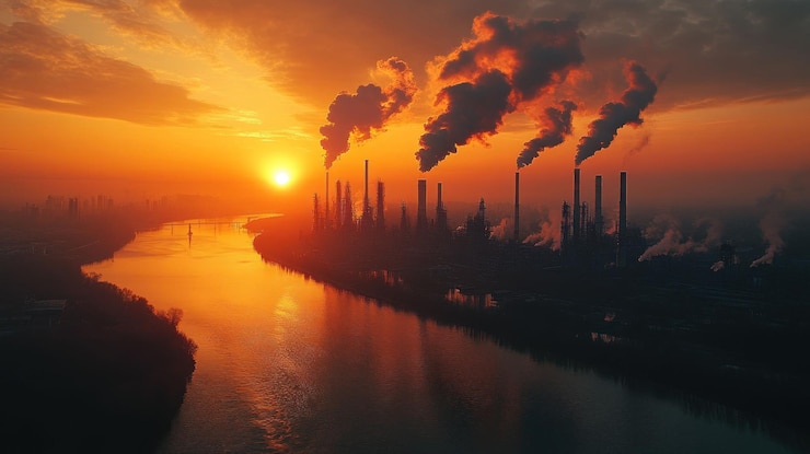 PSD eine luftaufnahme eines flusses, der bei sonnenuntergang durch eine industriestadt fließt, mit rauchwolken, die aus den schornsteinen der fabriken aufsteigen