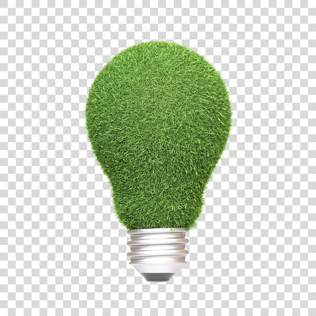 Eine mit grünem Gras bedeckte Glühbirne, isoliert auf einem weißen Hintergrund 3D-Render-Illustration