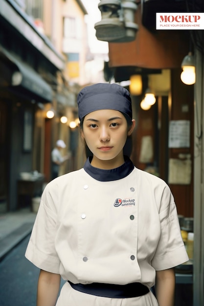 PSD eine mittelgroße frau trägt die uniform eines japanischen koch.