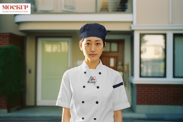 PSD eine mittelgroße frau trägt die uniform eines japanischen koch.