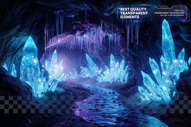 Eine mystische Höhle mit leuchtenden Kristallen und Stalactiten auf durchsichtigem Hintergrund