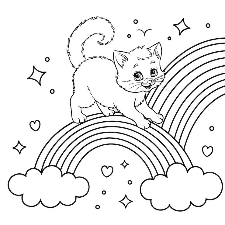 PSD eine niedliche katze, die auf einem regenbogen läuft, in einer ungewöhnlichen illustration