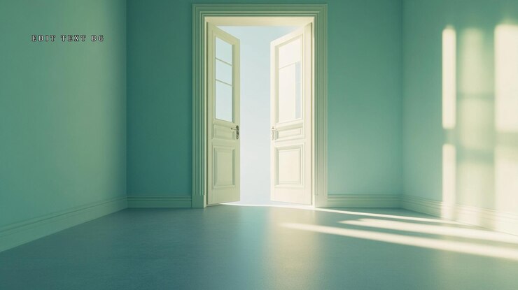 PSD eine offene tür in einem leeren raum, durch die das sonnenlicht fließt, führt zu einer glänzenden zukunft.