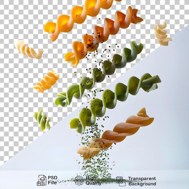 Eine pasta mit einem bild einer grünen und orangefarbenen pasta, die auf einem durchsichtigen hintergrund isoliert ist