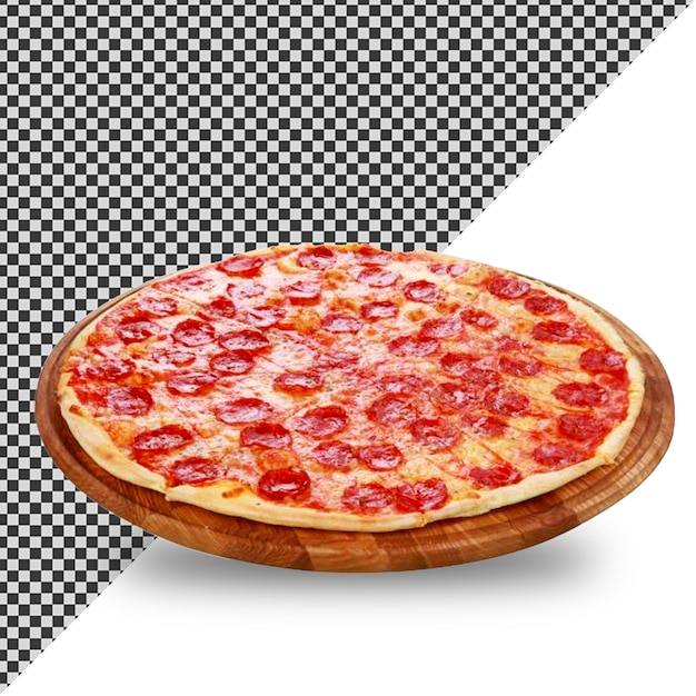 eine Pepperoni-Pizza sitzt auf einem Holzplatt