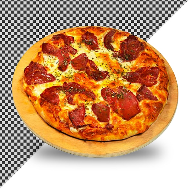 eine Pepperoni-Pizza sitzt auf einer Holzplatte