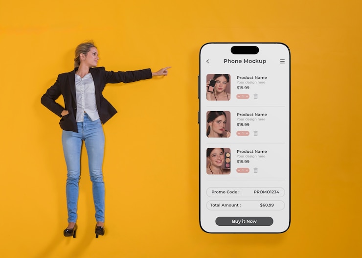 PSD eine person, die auf ein riesiges telefonmodell zeigt