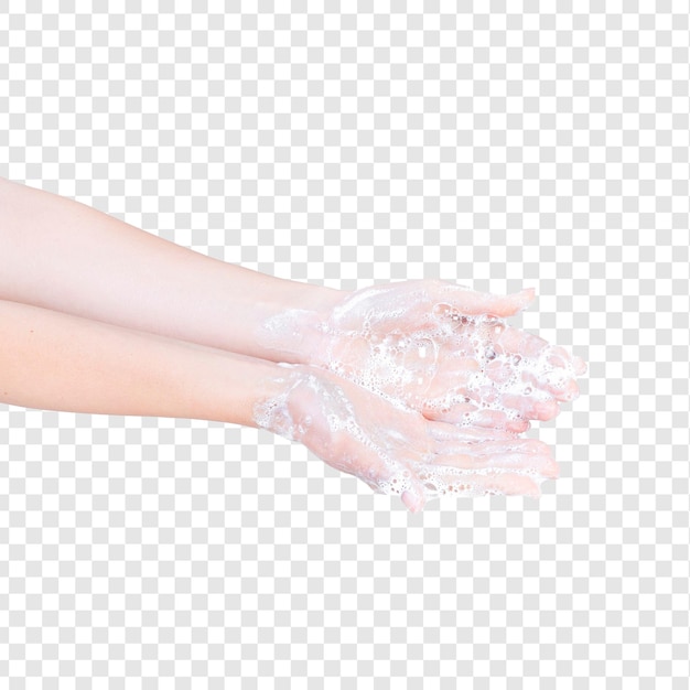 Eine Person mit einer Hand in Seifensuppe über einem isolierten, durchsichtigen Hintergrund