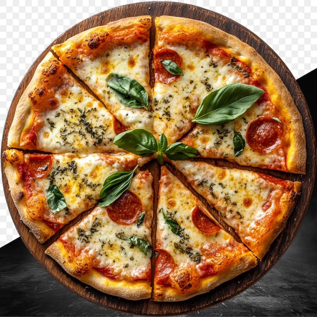 eine Pizza mit einer fehlenden Scheibe sitzt auf einem Holzbrett