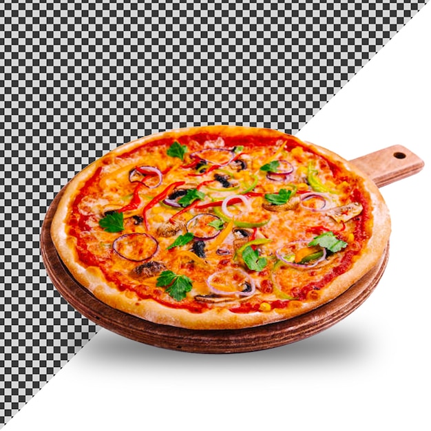 eine Pizza mit Pilzen und Pilzen auf einer Holzplatte