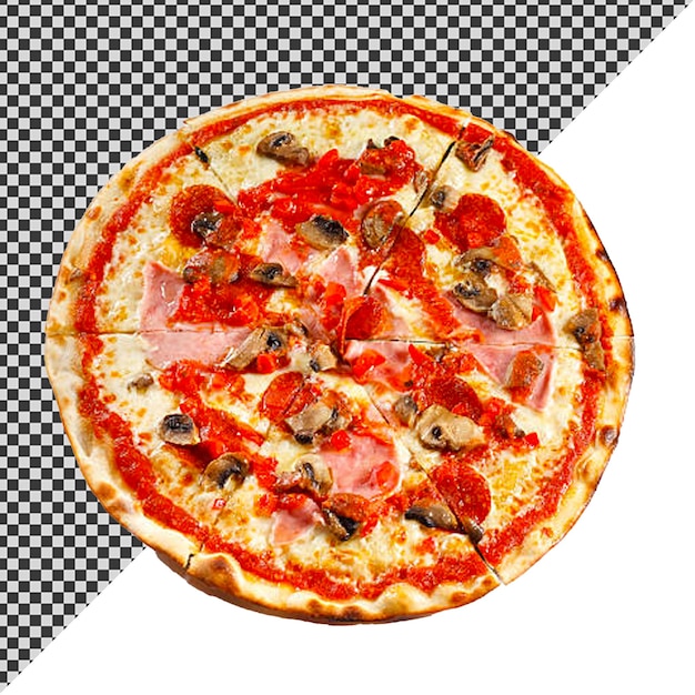 eine Pizza mit Pilzen und Schinken darauf