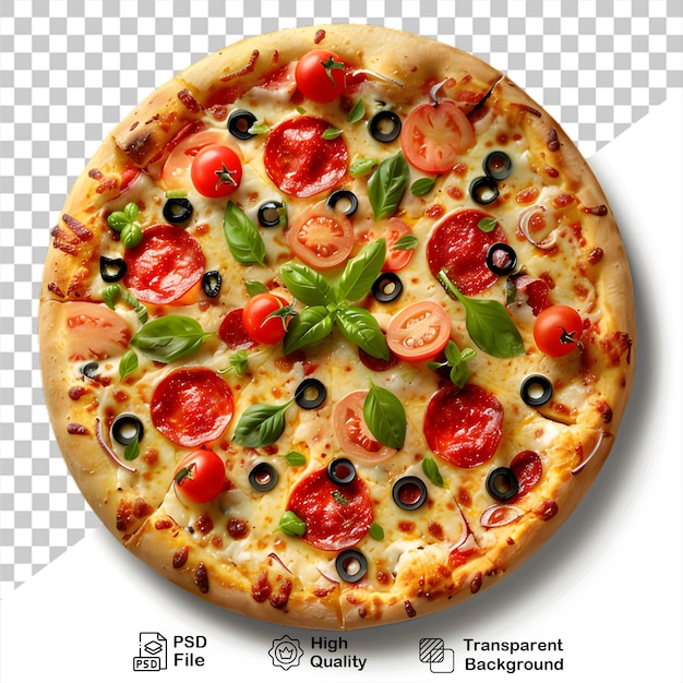 Eine pizza mit tomaten und oliven darauf, isoliert auf durchsichtigem hintergrund