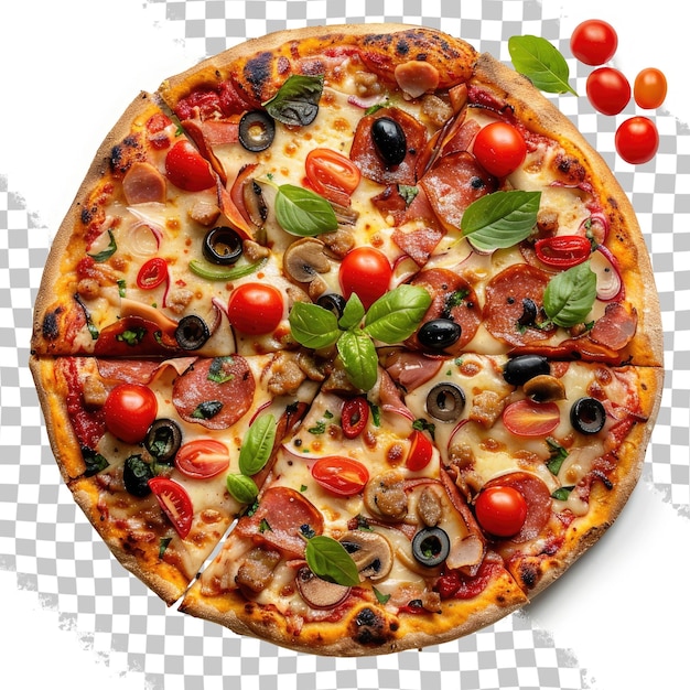 PSD eine pizza mit verschiedenen toppings und einer der toppings hat ein grünes blatt