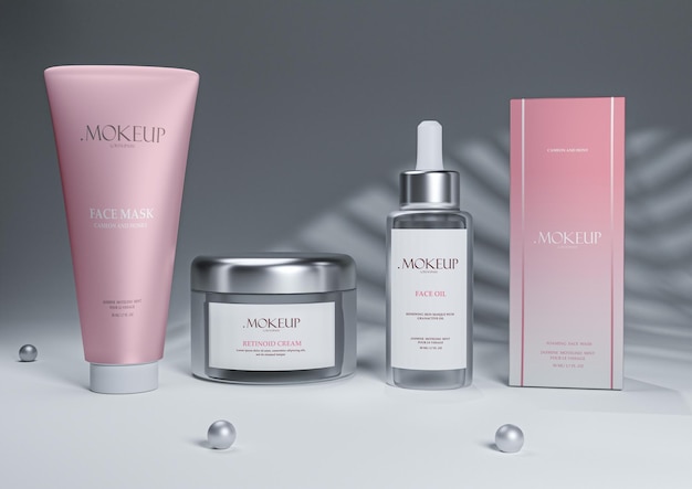 Eine Produktkollektion, darunter ein Make-up-Produkt.