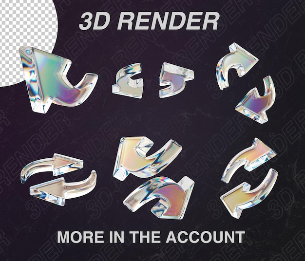Eine Reihe von 3D-Glaspfeilen in verschiedene Richtungen