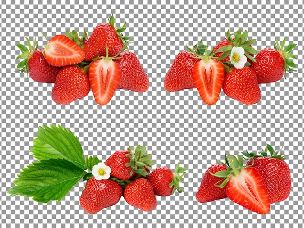 PSD eine reihe von erdbeeren mit blättern isoliert auf transparentem hintergrund