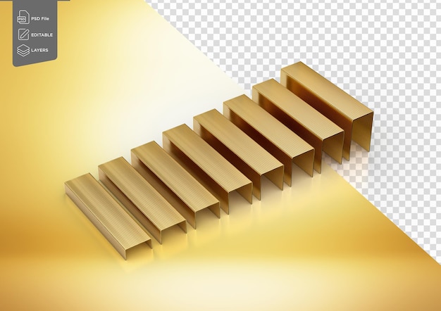 Eine Reihe von goldenen Metallspitzen, die in parallelen Reihen auf weißem Hintergrund angeordnet sind 3D-Illustration