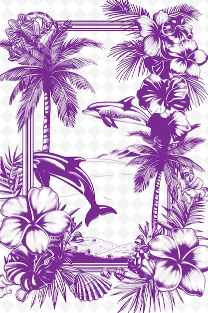 PSD eine reihe von lila palmen und delfinen mit palmen