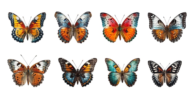 Eine Reihe von Schmetterlingen in verschiedenen Farben, isoliert auf weißem Hintergrund