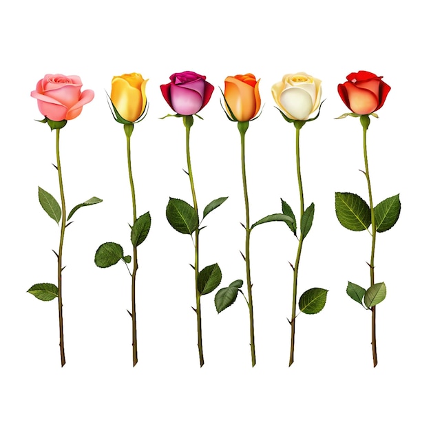 Eine Reihe von sechs einzelnen Rosen mit detaillierten Blütenblattstrukturen Durchsichtiger Hintergrund