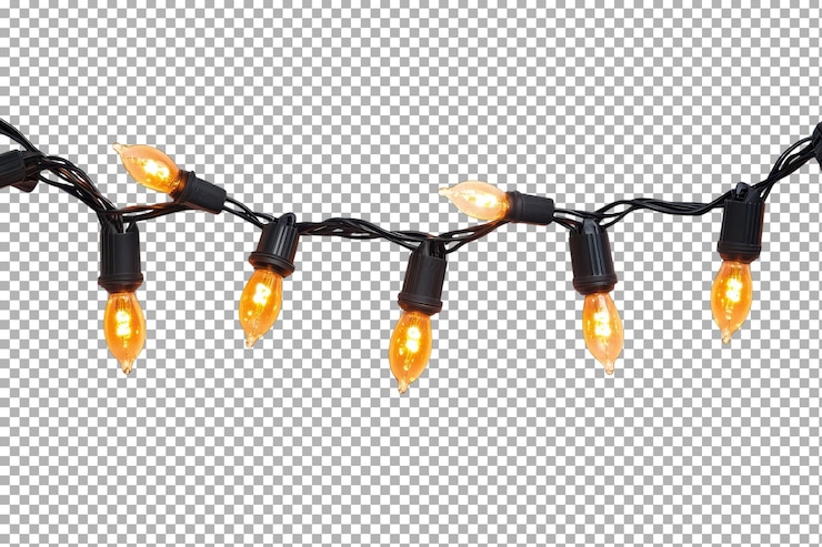 PSD eine reihe warmer orangefarbener lichter beleuchtet einen gemütlichen außenraum an herbstabenden