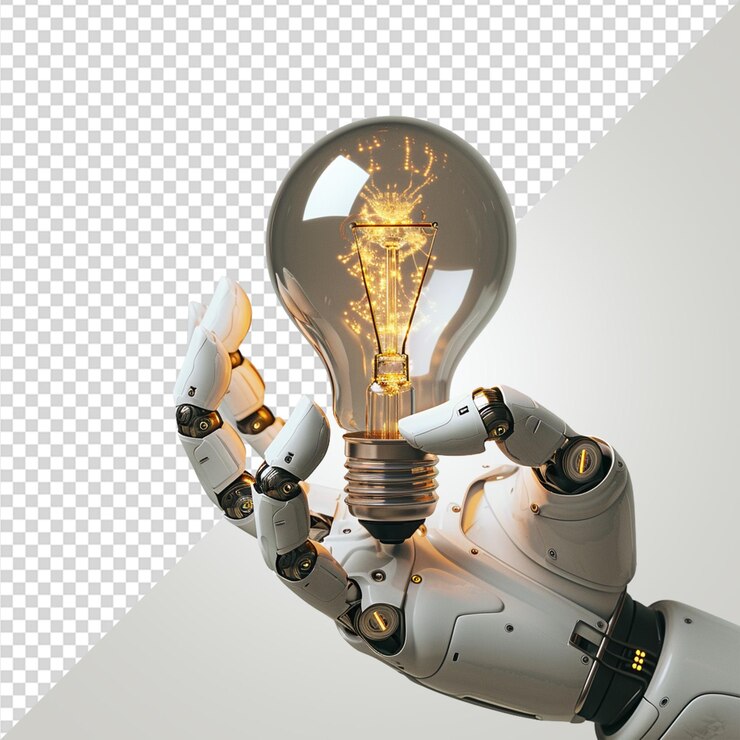 PSD eine roboterhand hält eine glühbirne auf durchsichtigem hintergrund