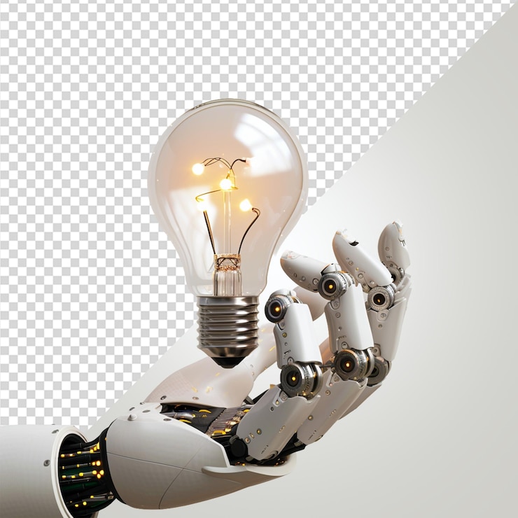 PSD eine roboterhand hält eine glühbirne auf durchsichtigem hintergrund