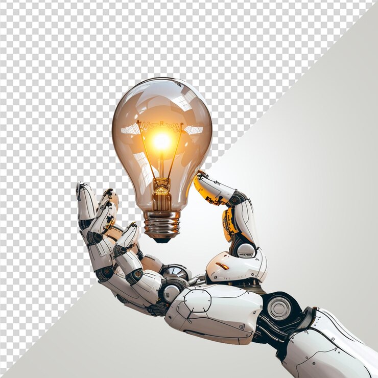 PSD eine roboterhand hält eine glühbirne auf durchsichtigem hintergrund