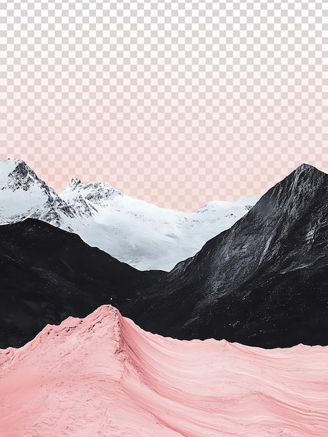Eine ruhige Landschaft mit hellrosa Wellen und schwarzen Bergen