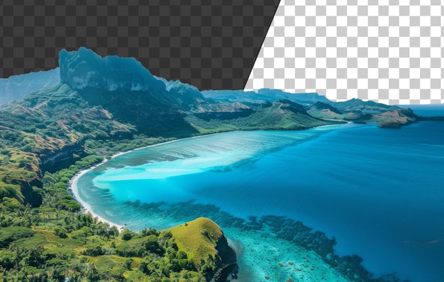 Eine ruhige tropische Lagune mit azurblauen Gewässern und grünen Klippen auf transparentem Hintergrund.
