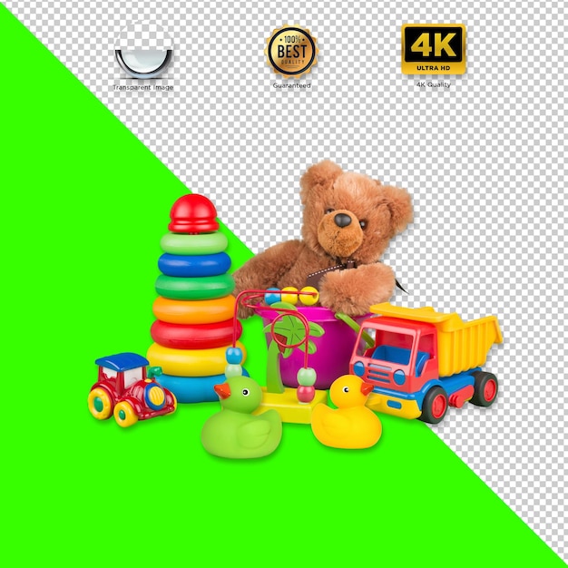 Eine Sammlung farbenfroher Kinderspielzeuge, darunter ein Teddybär, der Ringe und einen Spielzeuglastwagen stapelt