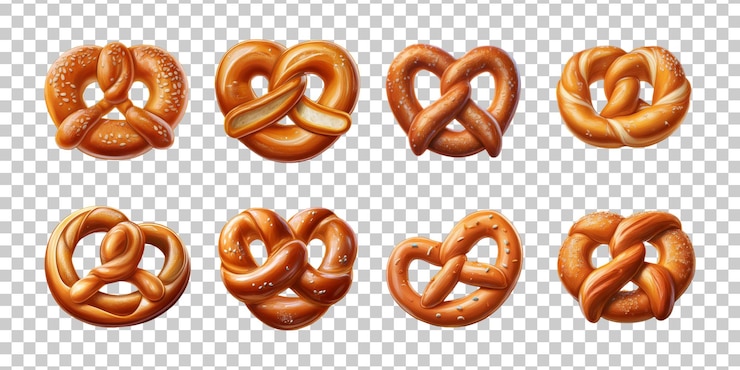 PSD eine sammlung köstlicher pretzels in verschiedenen formen und toppings, die perfekt für kulinarische projekte, bäckereimenu und lebensmittelillustrationen geeignet sind
