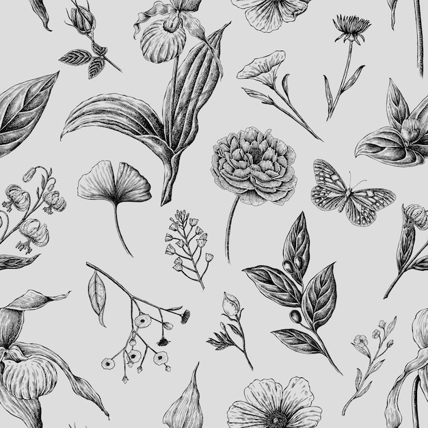 Eine Sammlung von Blumen und Schmetterlingen mit grauem Hintergrund
