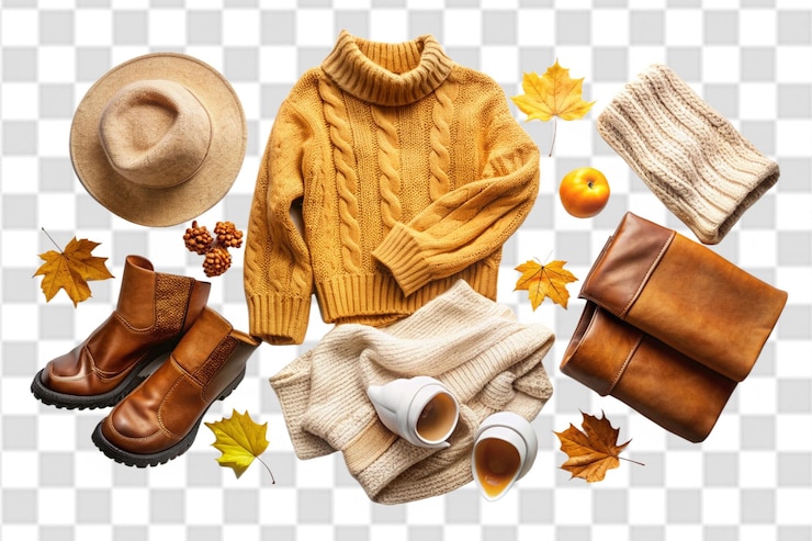 PSD eine sammlung von hüten, handschuhen und einem schal mit dem hut darauf