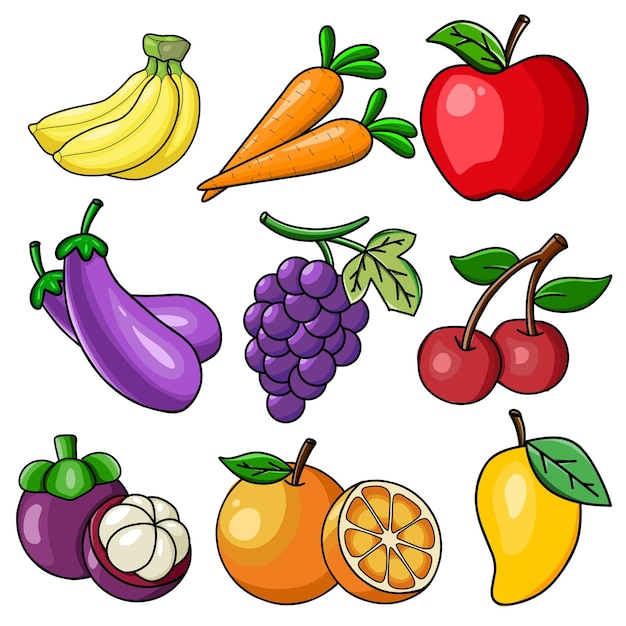 Eine Sammlung von Obst und Gemüse, darunter eine mit der Aufschrift „Obst“.
