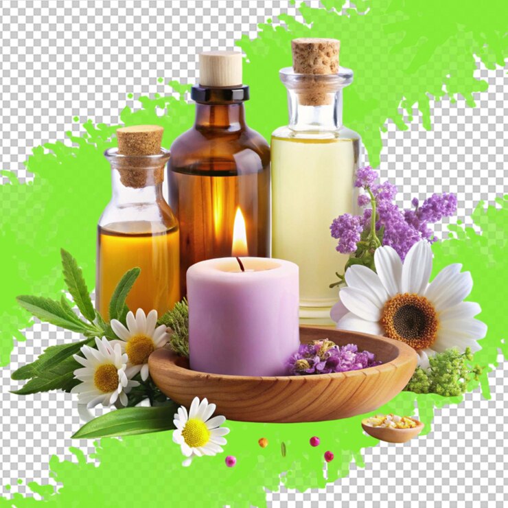 PSD eine sammlung von seifenflaschen und blumen auf einem holztisch