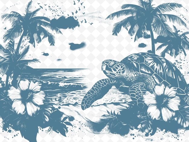 Eine schildkröte schwimmt im wasser und die palmen sind im hintergrund