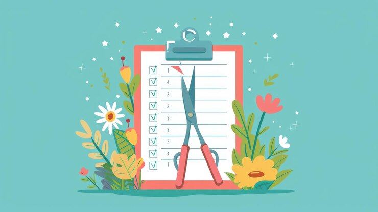 PSD eine schreibtafel mit einer checkliste, eine schere und blumen, die die organisation und die erfüllung von aufgaben symbolisieren