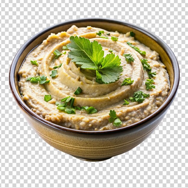 PSD eine schüssel hummus mit einem grünen kräutern auf durchsichtigem hintergrund