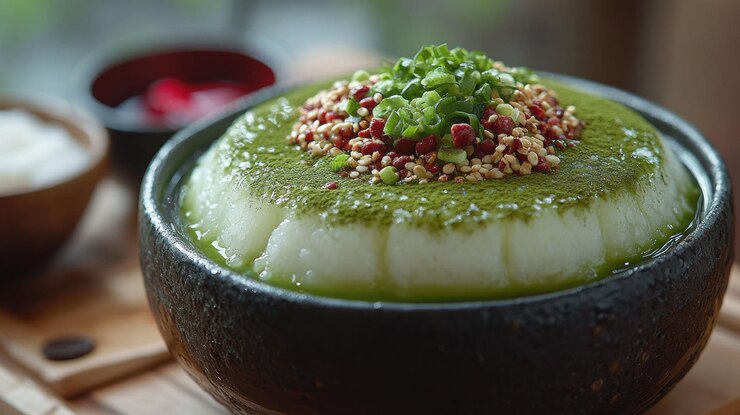PSD eine schüssel japanischer grüner tee-pudding mit roten bohnen, sesamkörnern und geschnittenen grünen zwiebeln