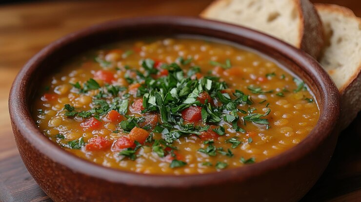 PSD eine schüssel linsensuppe mit gehackter petersilie und zwei brotscheiben