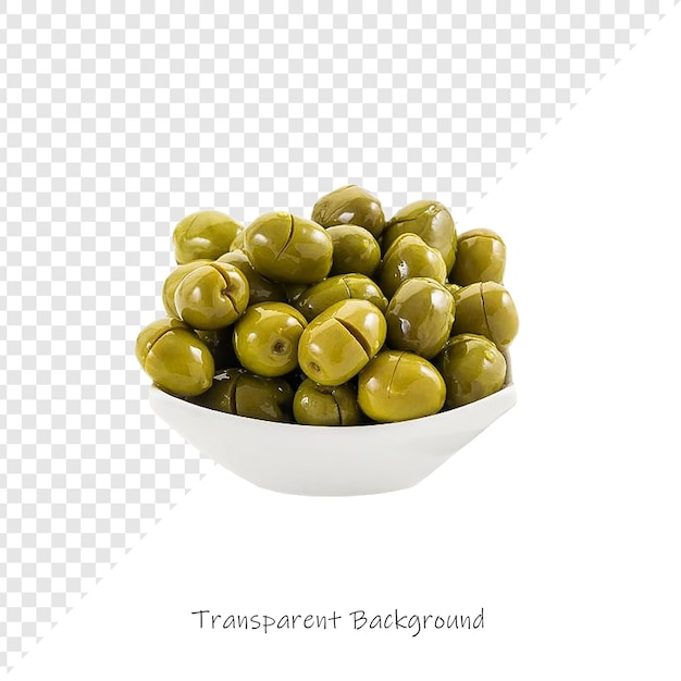 eine Schüssel mit grünen Oliven mit weißem Hintergrund mit weißen Hintergrund