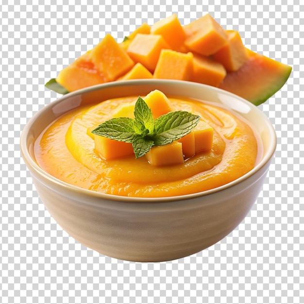 PSD eine schüssel mit orangensauce und eine geschnittene, offene melone mit samen auf durchsichtigem hintergrund