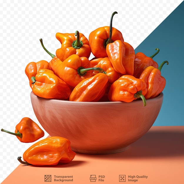 PSD eine schüssel mit reifen habanero-peppern, die auf einem transparenten hintergrund zusammengefasst sind