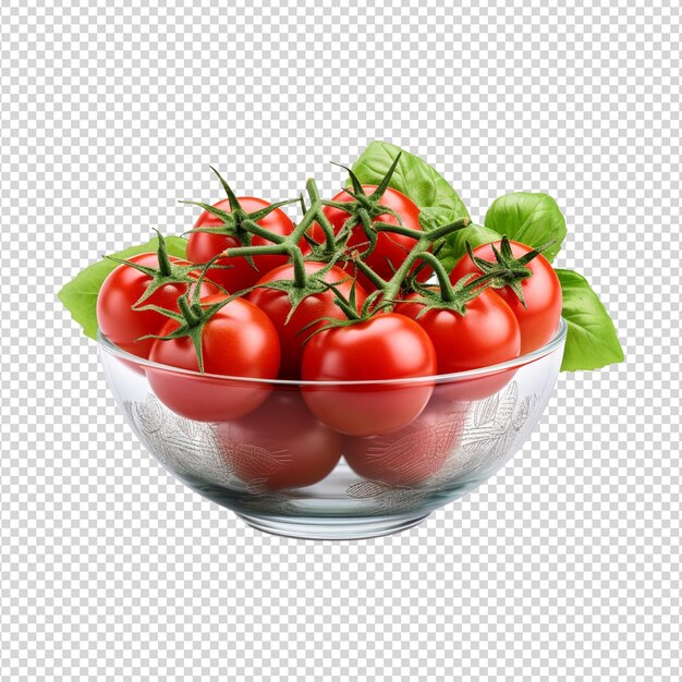 PSD eine schüssel mit tomaten und einem basilikumzweig auf durchsichtigem weißen hintergrund