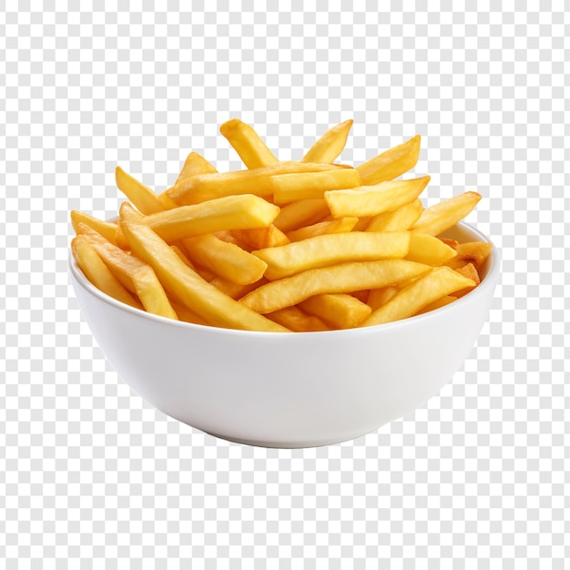 Eine schüssel pommes frites, die auf einem transparenten hintergrund isoliert ist