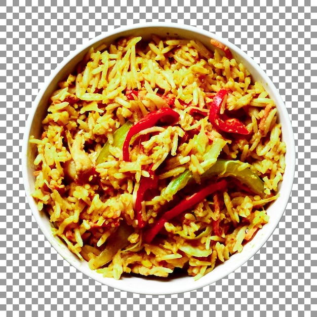 Eine Schüssel Reis mit roten Paprika und Chili darauf